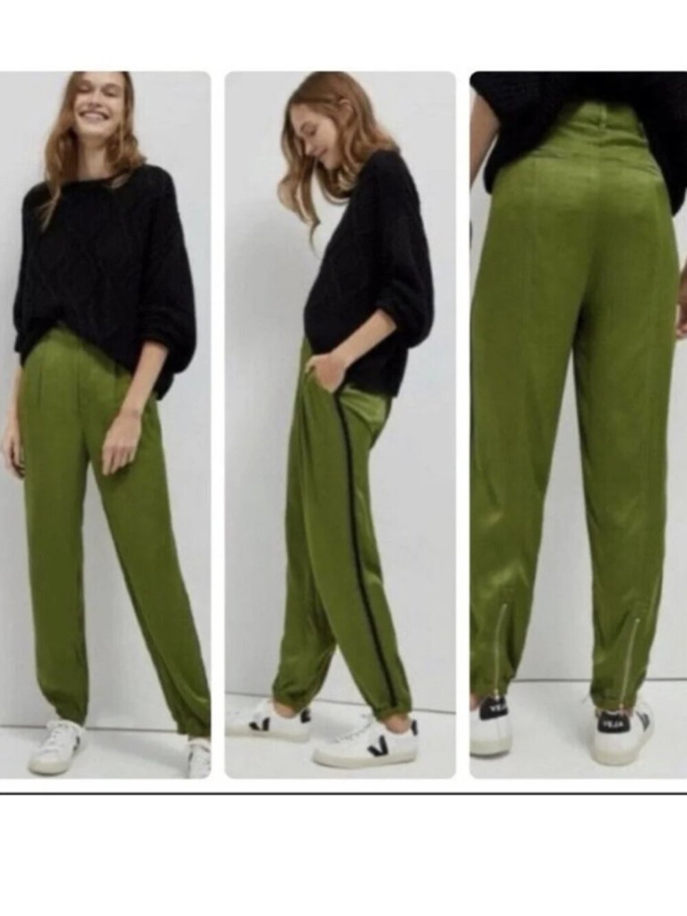 NWT Anthropologie Diandra Green Satin Pants Women's 12 Joggers Pleated Zip Ankle
